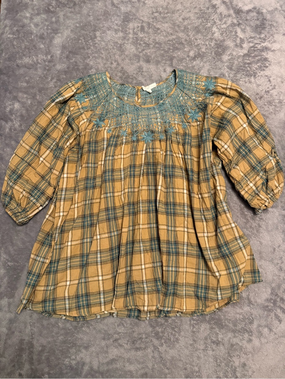 Easel Los Angeles Boho Plaid Embroidered Peasant Blouse Size L